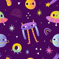 Wall Mural - psychedelic space pattern with abstract planet and aliens. surreal cosmic seamless vector print for 