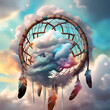 Beautiful dream catcher on background of blue sky and colourful clouds. Tribal elements, feathers, shells, lace. Digital illustration. CG Artwork Background