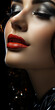 canvas print picture - Sinnliches erotisches Sexy Gesicht einer Frau mit roten Lippen und schöner Visagistik für die Kosmetik als Poster Nahaufnahme, ai generativ