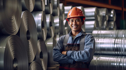 Portrait of Smiling worker with Rolls of galvanized steel sheet inside the factory or warehouse. Generative Ai