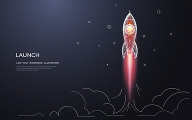 Poster - Abstract digital launching rocket with fire on dark background with white doodle elements. Low Poly wireframe vector illustration. Boosting and successful start-up business concept. Modern geometric