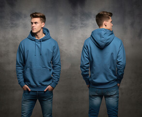 Front and back view of a blue hoodie mockup for design print