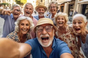 Wall Mural - Group of seniors taking selfie in the city. Group of  pensioners having fun outdoors. ai generative