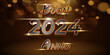 carta o banner per augurare un felice anno nuovo 2024 in grigio, nero e oro su uno sfondo sfumato marrone con cerchi, stelle in effetto bokeh
