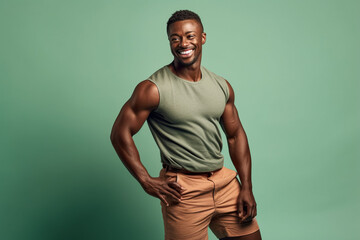 Black bodybuilder smiling at the camera,hand on his hips on a blue background. Generative AI.