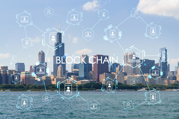 Wall Mural - City view of Downtown skyscrapers of Chicago skyline panorama over Lake Michigan, harbor area, day time, Chicago, Illinois, USA. Decentralized economy. Blockchain, cryptography concept, hologram