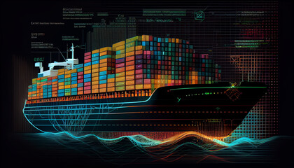 Wall Mural - Container cargo ship global business logistics import export freight shipping transportation, Big data visualization graphic graph and chart information business network, Ai generated image