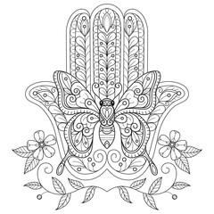 Wall Mural - Hand and butterfly hand drawn for adult coloring book