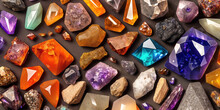 A Lot Of Crystals And Gemstones On A Dark Background. Natural Minerals Such As Agate, Amber, Amethyst, Quartz And Others. A Scattering Of Precious Stones. Generative AI