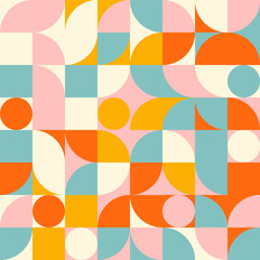 Leinwandbilder - Retro geometric aesthetics. Bauhaus and avant-garde inspired vector background with abstract simple shapes like circle, square, semi circle. Colorful pattern in nostalgic pastel colors.