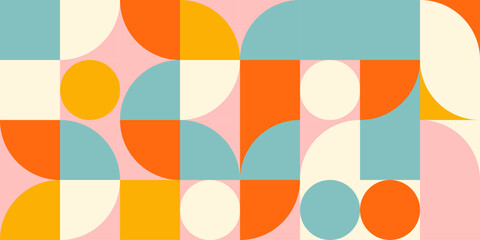 Leinwandbilder - Retro geometric aesthetics. Bauhaus and avant-garde inspired vector background with abstract simple shapes like circle, square, semi circle. Colorful pattern in nostalgic pastel colors.