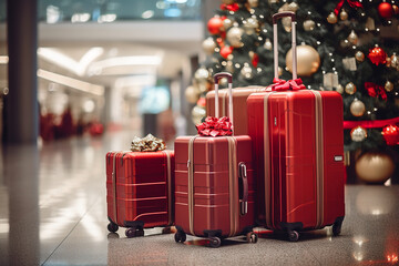 Red suitcases near Christmas tree at the airport