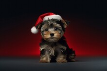 Cute Puppy In Santa Claus Hat Or Christmas Red Cap. Yorkshire Terrier Dog. AI Generated, Human Enhanced