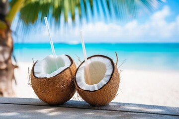 Canvas Print - Coconut as a symbol of a tropical cocktail. Background with selective focus and copy space