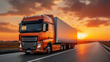 Fototapeta Przestrzenne - truck on the track, motorway. sunrise or sunset. the car makes international cargo transportation