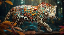  A Leopard With Colorful Feathers On Its Back Walking On A Branch.  Generative Ai