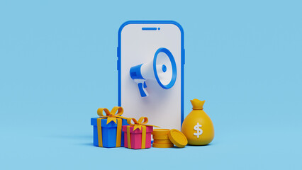Refer a friend concept. People share information about making money with affiliate referrals. Social media marketing for friends. 3d illustration