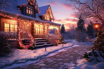 A Beautiful Exterior Design of a House during the Christmas Event, Lot of Decorations and Ornaments.