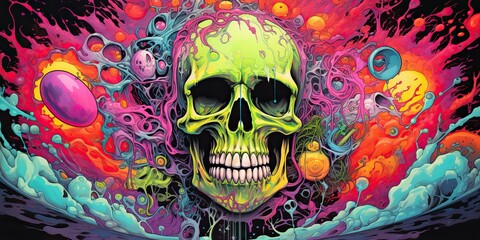 Wall Mural - AI Generated. AI Generative. Vintage retro color bright acid colors psychedelic human skull skeleton face head. Poster decoration. Can be used for t-shirt design print