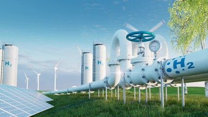 Wall Mural - Scenic view of green meadow with hydrogen pipeline and wind turbines  . Hydrogen storage tanks and photovoltaic panels enhance clean energy generation. 3d rendering