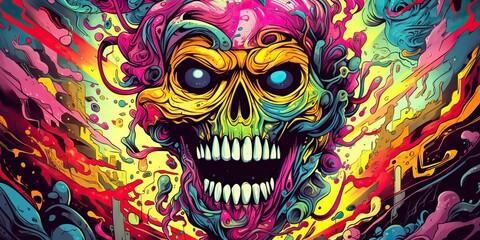 Wall Mural - AI Generated. AI Generative. Vintage retro color bright acid colors psychedelic human skull skeleton face head. Poster decoration. Can be used for t-shirt design print