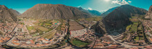 Ollantaytambo View 360, Inca Ruins And Archaeological Site In The Sacred Valley. Andes Mountains Of Peru, South America