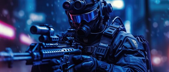 a special forces soldier police a with high technology gun and weapon working in night city, Generative AI