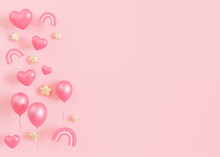 Pink Background With Hearts, Stars, Balloons And Copy Space. It's A Girl Backdrop With Empty Space For Text. Baby Shower Or Birthday Invitation, Party. Baby Girl Birth Announcement. 3D Render.