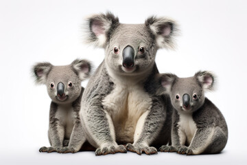 Image of family group of koala on white background. Wildlife Animals. Illustration, Generative AI.