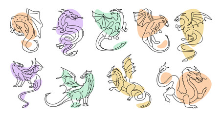 Chinese dragon hand drawn animal fire breathing, hand drawn vector illustration sketches. Vector classical China animals drawing, outline asian dragons with wings