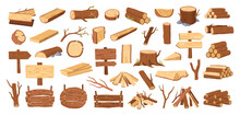 Wood Tree Logs, Stumps And Trunks, Wooden Pieces Flat Cartoon Vector Illustration. Lumber And Firewood Cut Branches, Lumberjack Materials, Campfire And Woodwork Planks Big Set Collection