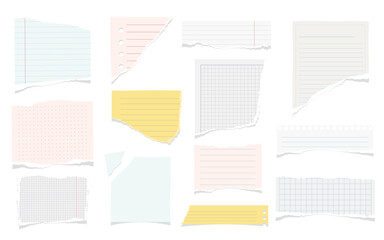 Fototapete - Ripped pieces of paper from notebook or textbook, flat cartoon vector illustration set. Isolated torn paper for writing down info, empty memo or sticky notes notepaper with borders
