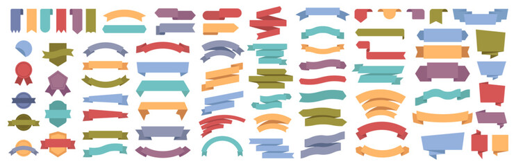 Aufkleber - Ribbons, color banners vector illustration set in flat cartoon style. Vintage colorful design curly labels with blank space for special price promotion. Curved scroll flags or sticker banners template