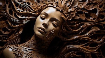 Canvas Print - The art of woodcarving, carved image of a woman's face. picture of art design. Generative AI.