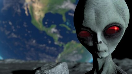 Wall Mural - scary gray alien stands on the moon and looks blinking. planet earth is visible. ufo futuristic conc