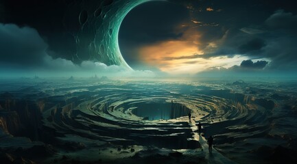 Wall Mural - An astronaut on an alien planet in front of the light of the space-time portal. exploration of the science fiction universe.