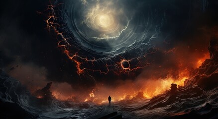 Wall Mural - An astronaut on an alien planet in front of the light of the space-time portal. exploration of the science fiction universe.
