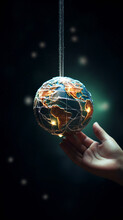 Generative AI, A Hand Holds A Christmas Tree Toy In The Shape Of A Globe, New Year, Peace Symbol, Postcard, Planet Earth