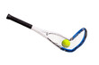 Broken tennis racket with ball in strings on white