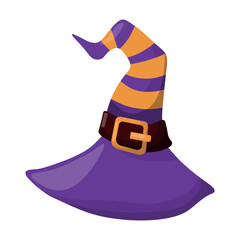 Halloween traditional witch hat with strap in  flat style isolated on white background. Vector illustration.