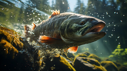 Wall Mural - Wild chinook salmon fish jumping out of river water in a forest. Created your Generative AI