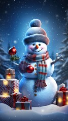 Wall Mural - Christmas card with snowman and gifts. Generative AI