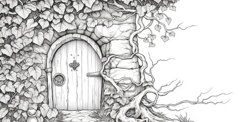 AI Generated. AI Generative. Kids coloring book page with fantasy house home building in tree. Graphic Art