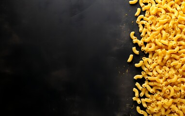 Fresh ingredients for cooking: raw little pasta over dark stone table background with copy space in the center, banner, modern, AI Generated