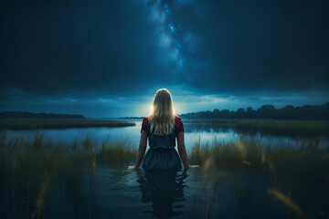 A beautiful young blonde woman is standing waist-deep in water, with her back to the viewer, evening and night starry sky fantastic illustration