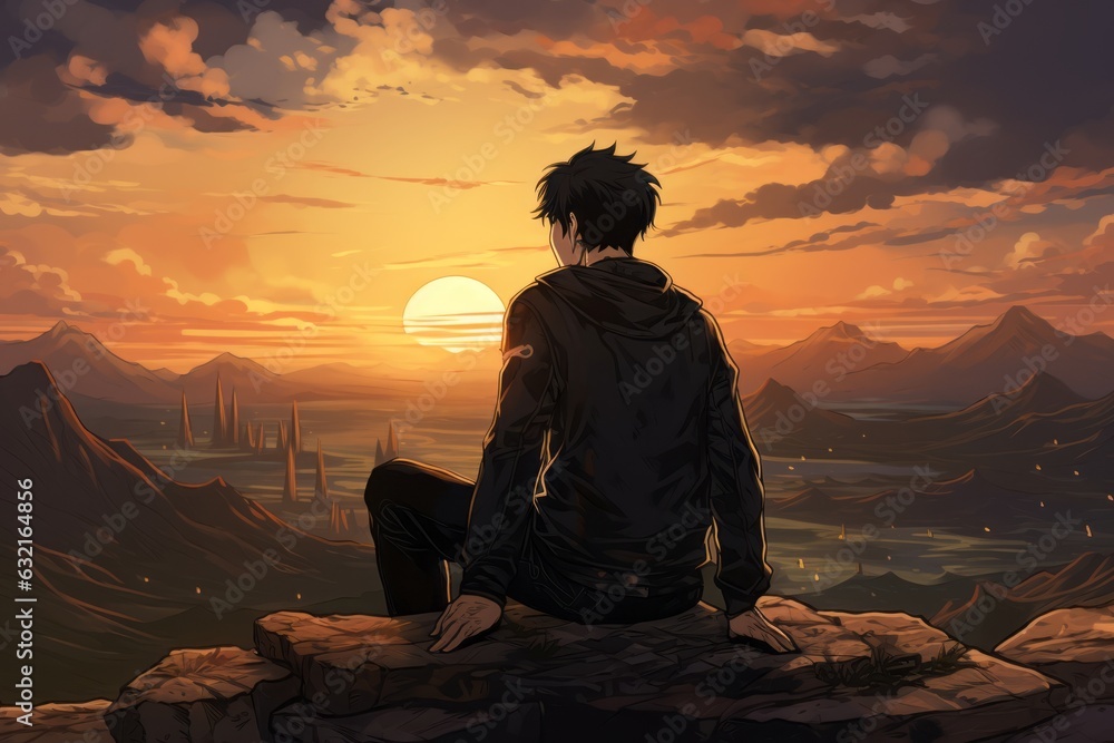 Background side view of anime guy that is looking at sunset. Beautiful ...