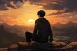 Background side view of anime guy that is looking at sunset. Beautiful illustration picture. Generative AI