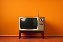 Retro old TV set receiver on wall background. Vintage instagram style filtered photo, Generative AI