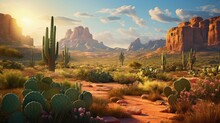 Photo Of A Beautiful Desert Landscape With Cactus, Rocks, And Majestic Mountains