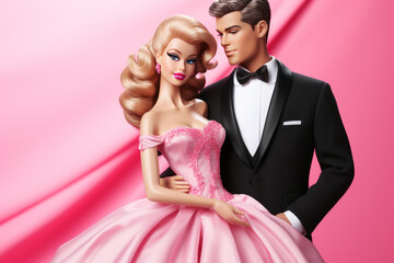 Elegant in evening dresses plastic doll boy and girl on a pink background with a place for text.